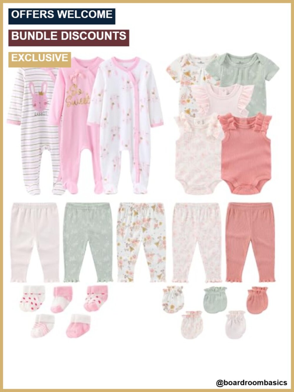 Newborn Cotton Ribbed Layette Gift Set 23pc Bodysuits Rompers Pants Mittens